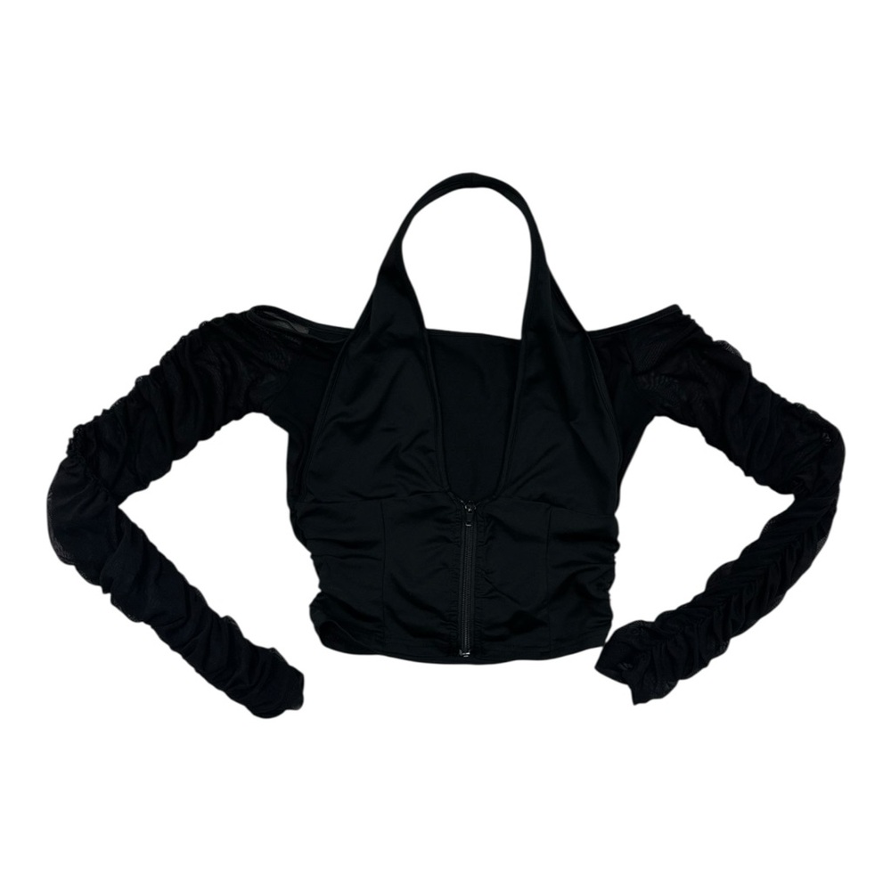 Unbranded Black Halter Cropped Top w/Ruched Sheer Sleeves - Size Small